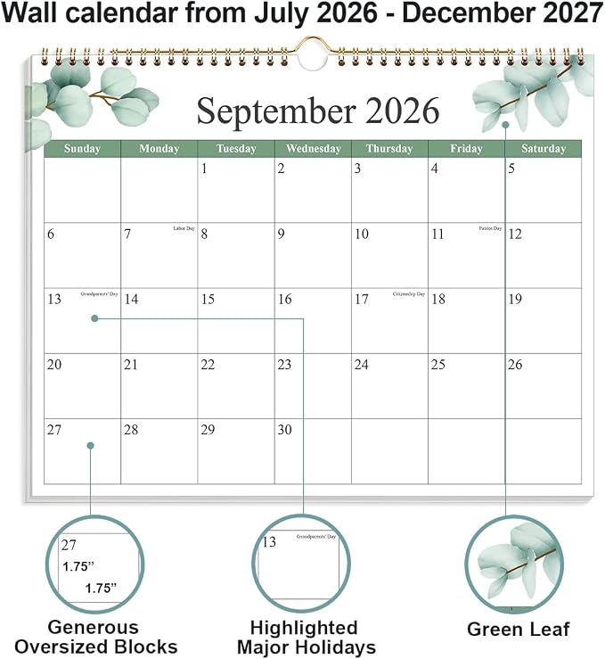Calendar 2026-2027 - Wall Calendar 2026-2027 from July 2026 to December 2027, 2026-27 Wall Hanging Calendar Planner with Thick Paper, 12" x 14.5", Leaf