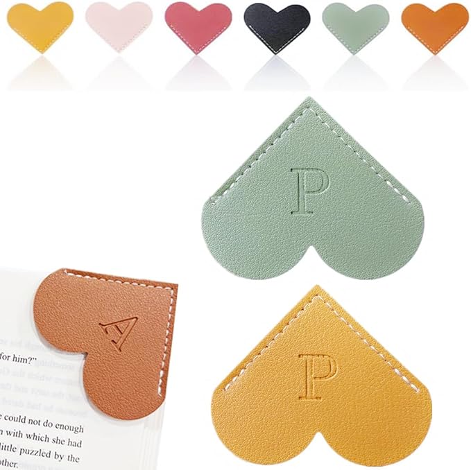Personalized Leather Heart Bookmark, 26 Letters Customized Corner Book Mark for Reading Women, Book Marker with Initials，Cute Gifts (Green+Light Brown, P)