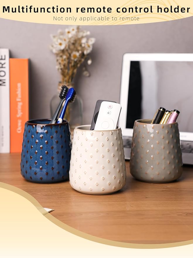 GDCZ Ceramic Remote Control Holder, Remote Caddy Organizer Storage, Remote Organizer for Table, TV Remote Holder, Makeup Brush Pen Holder, 4.2" (Blue)