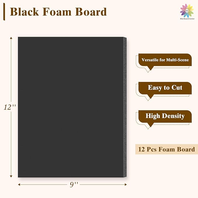 Mat Board Center, 12 Pack 9x12 Black Foam Boards, Acid Free Foam Core Board, 1/8 inch Thick