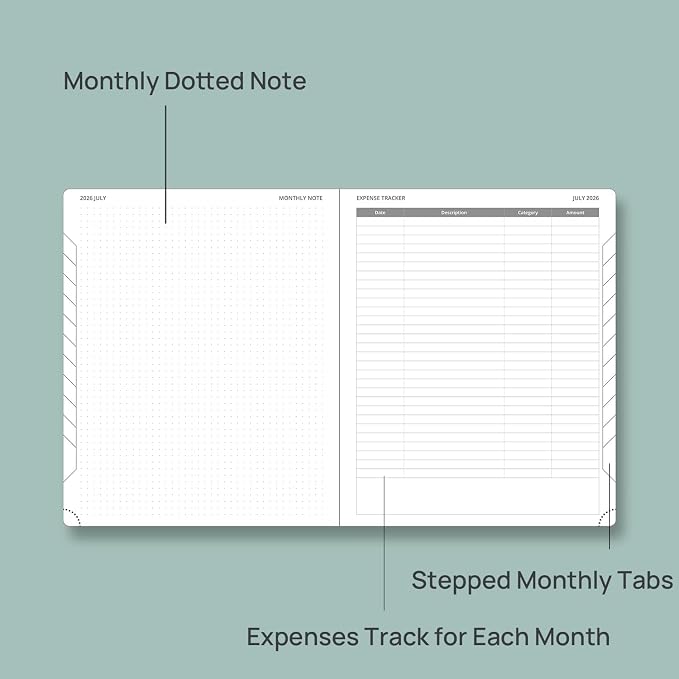 POPRUN Monthly Planner 2026-2027 (Medium- 6.5'' x 8.5'' Soft Cover), 18-Month Calendar Book (Jul.2026-Dec.2027), Calendar Planner with Monthly Tabs & Pocket, 100 GSM Paper - Pacific Green