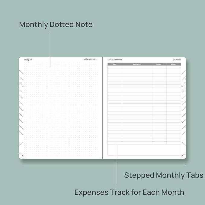 POPRUN Monthly Planner 2026-2027 (Medium- 6.5'' x 8.5'' Soft Cover), 18-Month Calendar Book (Jul.2026-Dec.2027), Calendar Planner with Monthly Tabs & Pocket, 100 GSM Paper - Pacific Green