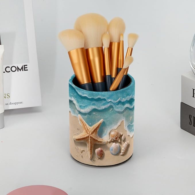 Nautical Beach Starfish and Shell Leather Pen Holder for Desk, Multifunctional Desktop Organizer Pencil Cup, Desktop Caddy Stationery Organizer for School Home Office Desk Accessories