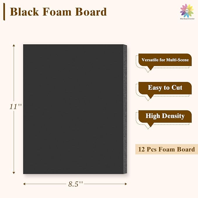 Mat Board Center, 12 Pack 8.5x11 Black Foam Boards, Acid Free Foam Core Board, 1/8 inch Thick