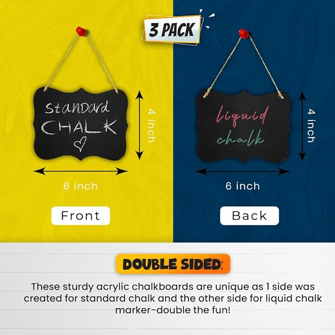 3 Small Chalkboard Hanging Signs Acrylic 4x6 - Double Sided Board for Standard Chalk & Other Side for Liquid Chalk Marker- Memo Message Mini Sign - Blackboard for Crafts (3) Advanced Group Corp.