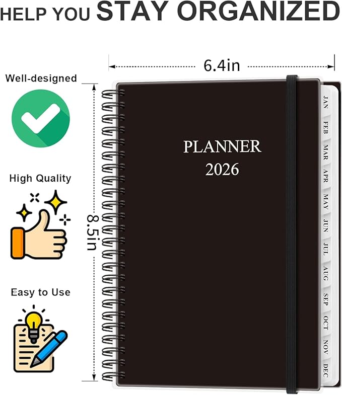 Planner 2026 - Weekly & Monthly Planner from January 2026 to December 2026, Agenda 2026 with Inner Pocket, Elastic Band, 6.4" x 8.5", Black