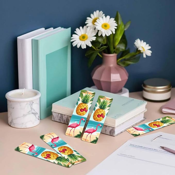 Fun Pineapple 5 Pcs Bookmarks Flamingo Palm Leaf Beach Summer Wooden Bookmarks with Tassel for Students Reader Teachers Book Lovers