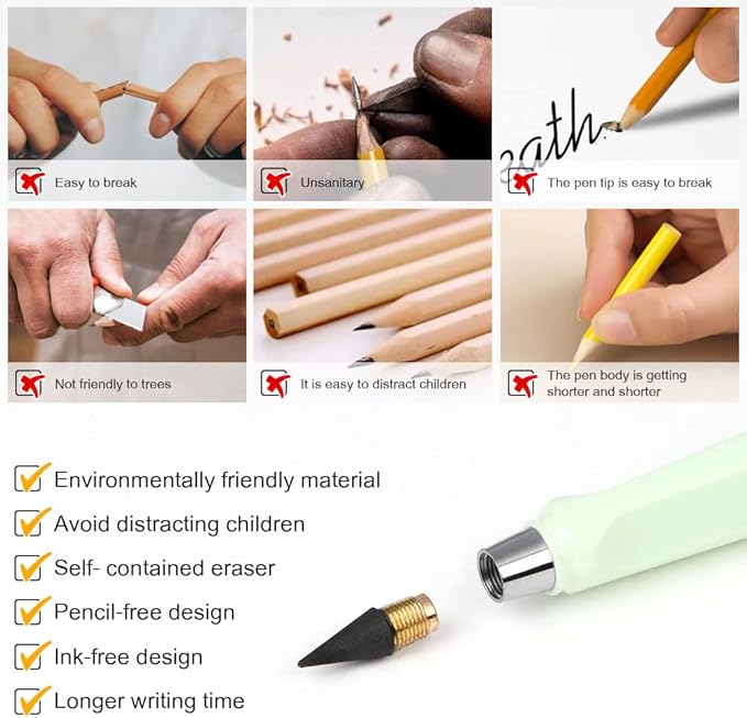 Ainiv Inkless Pencil with Eraser, 5 Sets Infinity Pencil Everlasting Pencil, Reusable Infinite Pencil with Extra 5 Eraser & 5 Replaceable Nibs, Endless Pencil for Home Office School Writing Drawing