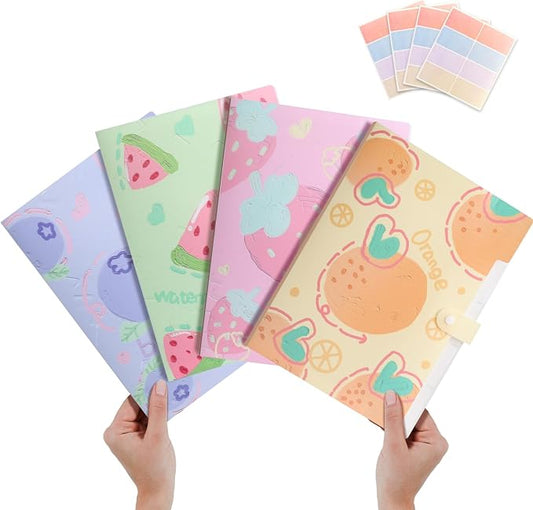 Cute File Folders, Expanding File Folders with 32 Labels, 5 Pocket File Organizer, Accordion File Organizer Letter Size for School, Office and Home - Summer Fruits Style Set of 4