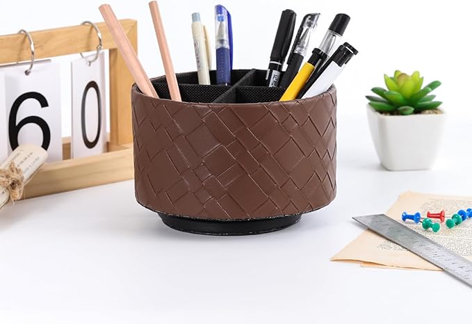 Remote Organizer for Table, PU Leather 360 Degree Rotating TV Remote Caddy with 4 Compartments, TV Control Holder for DVD, Blu-Ray, Media Player, Heater Controllers, Brown PH114