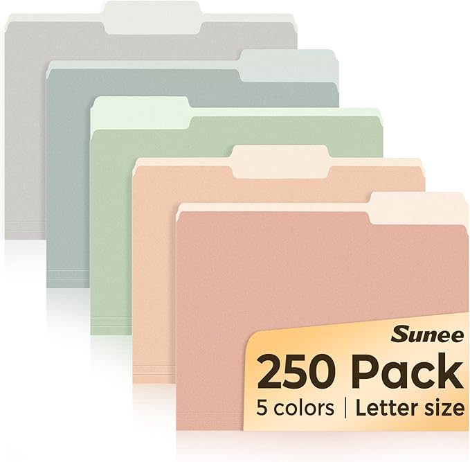 SUNEE File Folders Letter Size Pastel Colors, 250 Pack Manilla Folders 8.5 x 11 1/3-Cut Tabs, Colored File Folders Office Home School for Documents Files Paper