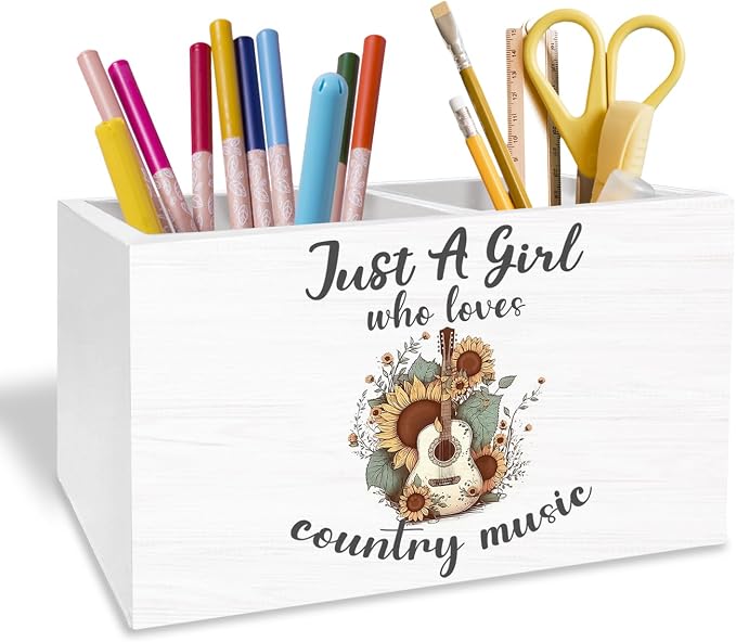 Western Cowgirl Pen Holder for Desk, Country Western Gifts Pencil Organizer, Just a Girl Who Loves Country Music Wooden Box Sign Desk Decor for Home Office Decoration