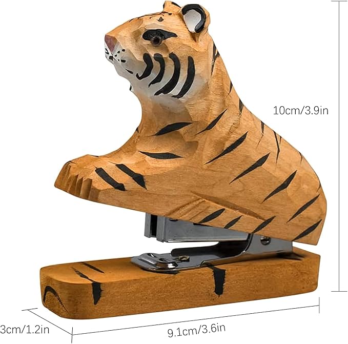 Wooden Animal Stapler, Desktop Stitcher Art Figurine Statue Sculpture Wooden Stapler for School Office Stationery (Tiger)