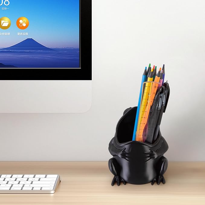 Cute Frog Pen Holder, Frog figurine Pencil Holder for Office Desk Decor, 3D Printed, Black, Durable and Fun Gift Idea