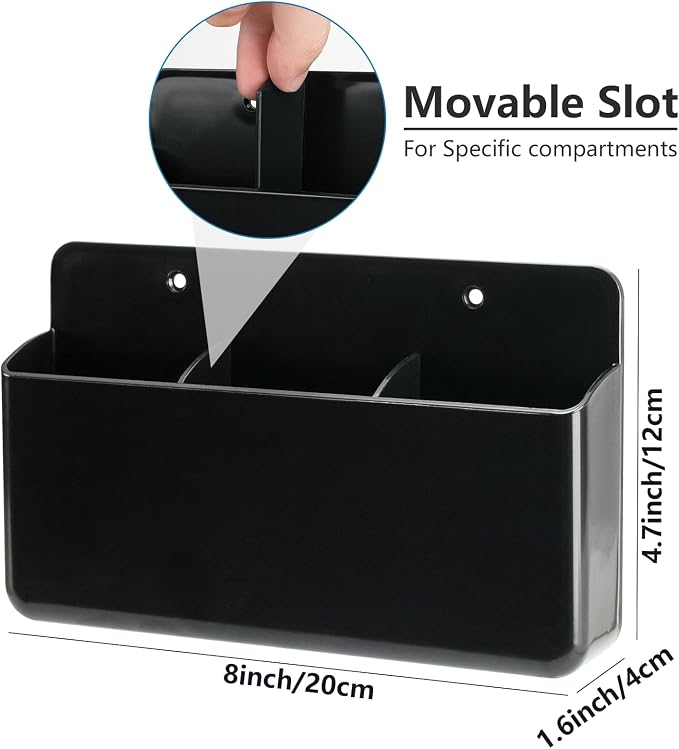Remote Control Organizer, 2 Pack, Black | 3 Slot Wall Mount, Self Adhesive, For TV Remote, Marker & Pen, For Home, Office, School