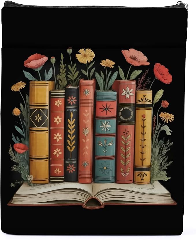 Floral Book Sleeve, Book Lovers Gifts Sleeve with Zipper & Front Pocket, 11.4x8.8 Inch Canvas Books Cover Protector Bookish Gifts for Readers Librarian Women Teacher
