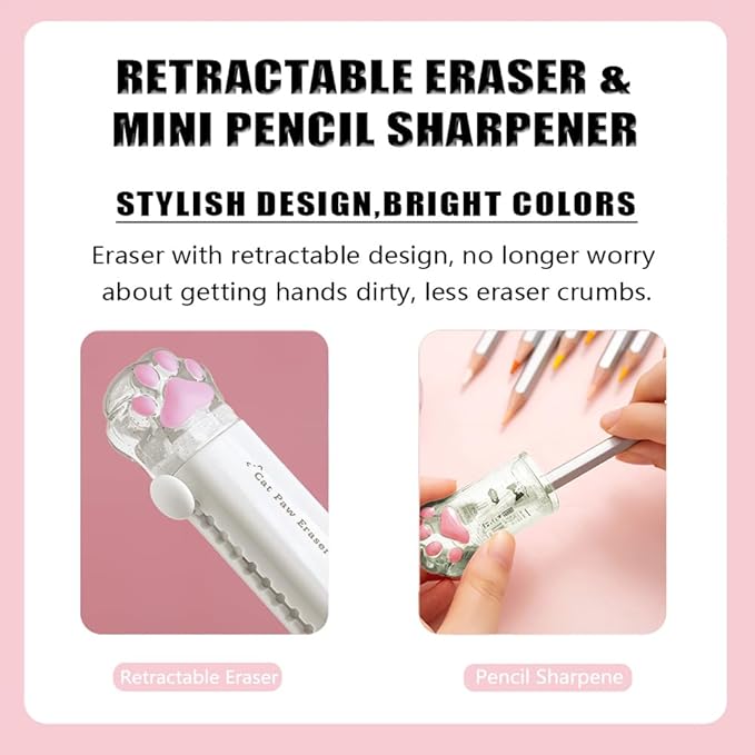 Cute School Supplies,Stationary Gift Set, Japanese Stationery Birthday GIFS, Includes Pencil Sharpener,Eraser, Correction Tape, Ruler, Mini Scissors,Utility Knife, for Office School Supplies (White)