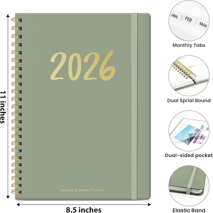 2026 Planner - Weekly and Monthly Planner, January 2026 to December 2026, Spiral Bound 2026 Calendar Planner Book, Inner Pocket, Perfect for Office Home School Supplies - A4 (8.5" x 11"), Green