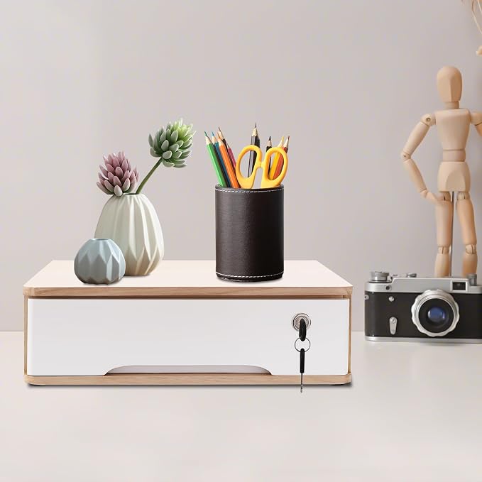 Wooden Desktop Storage Box with Lockable Drawers, Flat File Cabinet Drawer Desktop Storage Box, Countertop Storage Cabinet for Office Home Toiletries Supplies Vanity (natural wood+white, 1 Drawer)