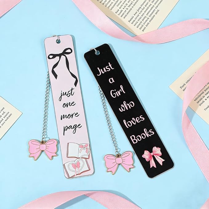 Pink Bow Metal Bookmark Gift Silver Chain Pendant with Bow for Women's Christmas Gift Book Lover Book Accessories School Supplies Office Stationery (Pink Bow Bookmark 2PCS)