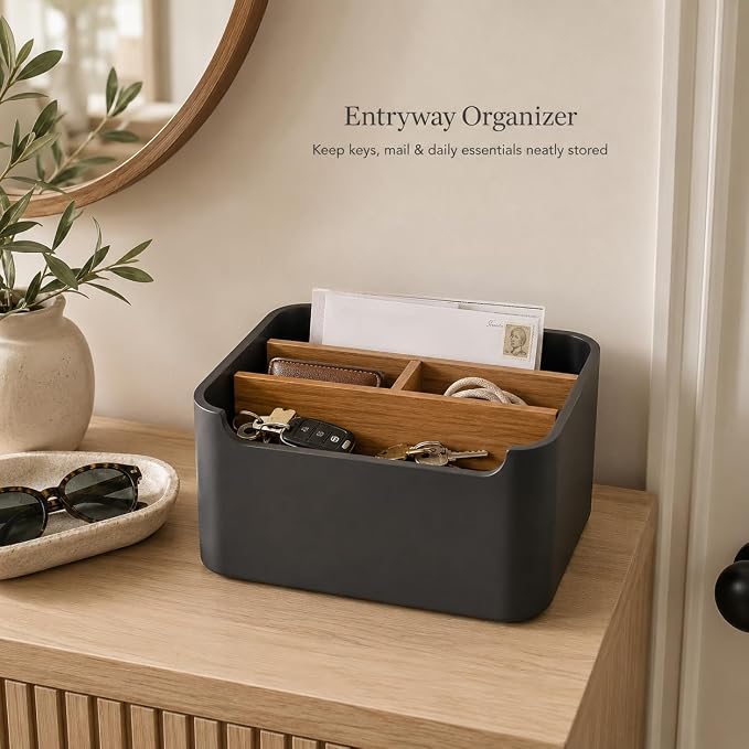 Remote Control Holder with Removable Wood Compartments for Media Devices, Desktop Stationery, and Bedside Nightstands, Black