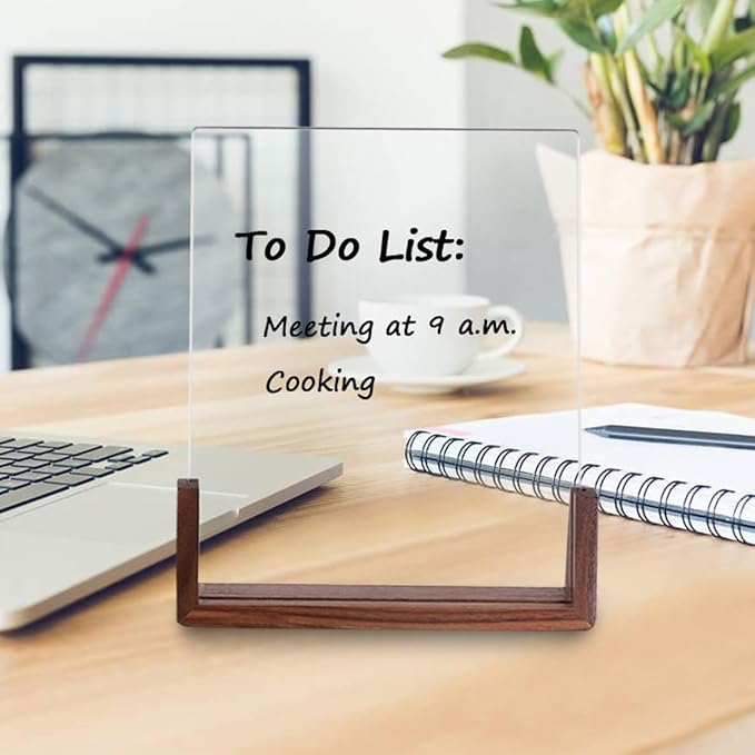 Acrylic Dry Erase Board with Walnut Wood Base, Clear Desktop Whiteboard Memo Board, Desktop Writing Note Pad, Mini Acrylic Board for Tabletop Display(Walnut Base,Acry