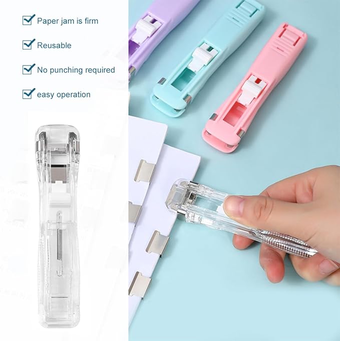 ULTECHNOVO Refillable Clip Stapler Set with White Clips, Portable Paper Fastener Dispenser for Office and School Document Binding and File Organization