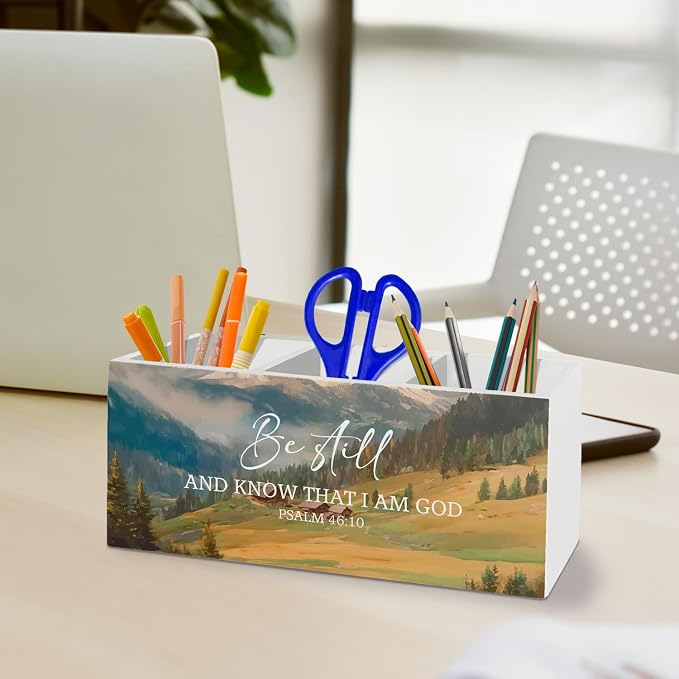 Christian Pen Pencil Holder Organizer for Desk Accessories, Be Still Psalm 46:10 Bible Verse Scripture Wooden Box Sign Desk Decor for Home Bedroom Office Decoration, Christian Gifts for Women