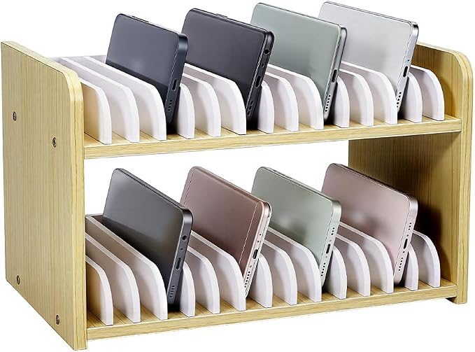 UNICRAFTALE 2 Tier Wooden Phones Storage 30 Grid Classroom Cell Phone Holder Light Khaki Mobile Phone Desktop Organizer Storages Box Adjustable Multiple Cell Phones Rack Caddy for Office 12x7x7 Inch