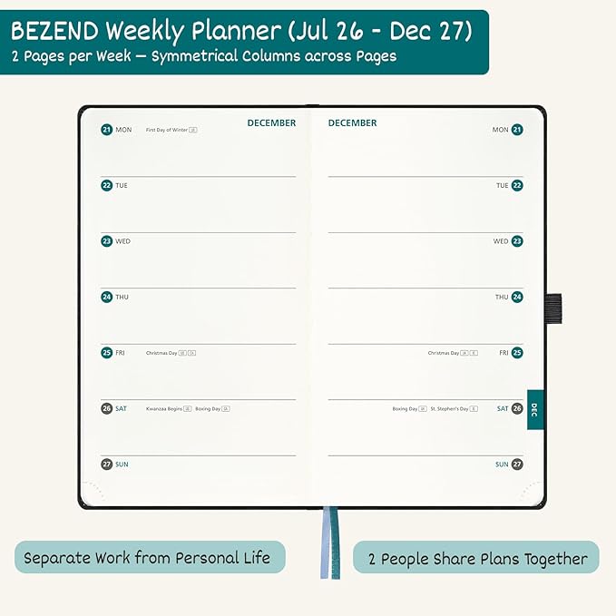 BEZEND Pocket Planner 2026-2027 Weekly Monthly (3.5" x 6") 2-Column Dual Schedule for Work/School/Home or 2 Person (Jul 26-Dec 27) 18 Months Small Academic Calendar, PU Leather Hardcover -Dutch Blue
