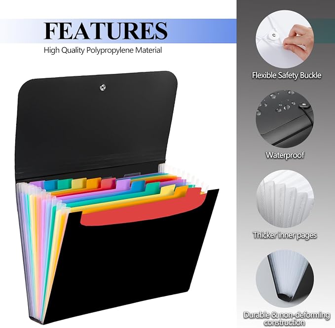 Expanding File Folder 13-Pocket Accordion Organiser | A4 Document Folder for Paperwork Storage | Portable Concertina Expanding File for Office/Home/School Use (Colored Inserts)