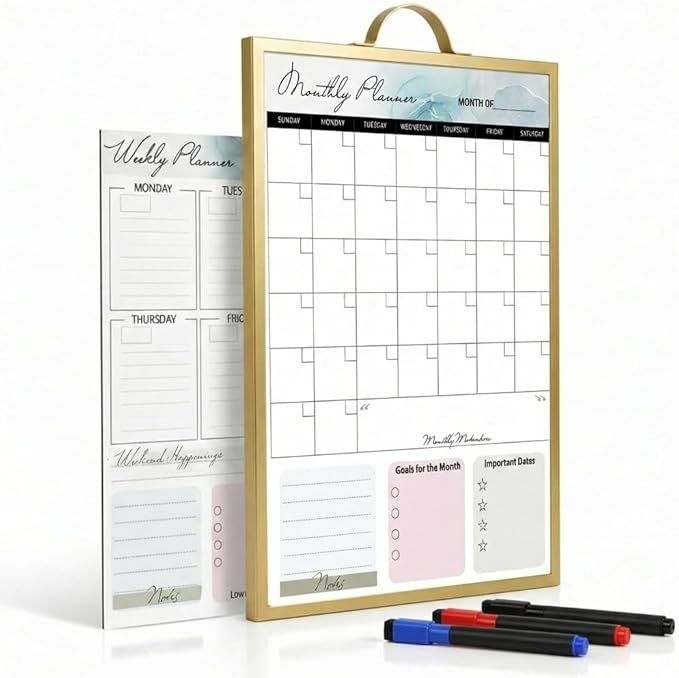 Gold Magnetic Dry Erase Whiteboard 12 x 16 Double Sided, Portable Planner Board with Weekly Monthly Sheets, Write and Wipe to Do List Board, Includes 3 Markers Eraser 2 Magnets
