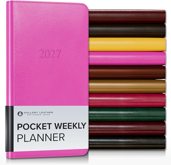 Gallery Leather Pocket Weekly Monthly Planner 2027, Elegantly Bound Calendar Planner and Notebook with Stylish Gold-Gilded Page Edges, 12 Months - Caribbean Fuchsia - 6x3.25"
