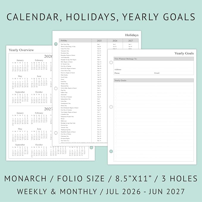 newestor 2026-2027 Weekly Planner Refills for 3-Ring Binder with Monthly Tabs, Jul 2026 - Jun 2027, 8-1/2" x 11", Folio Size 5 / Monarch