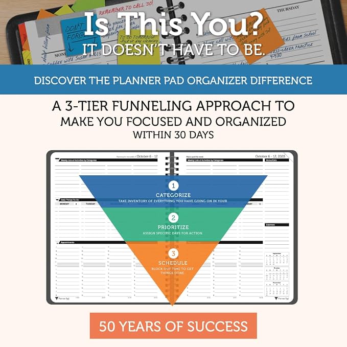 Planner Pad Spiral Bound 3-Tier Funnel Down 12 Month Organizer, October 2025 – September 2026, Black Cover/Black Ink, 6 3/4" x 8 1/2"