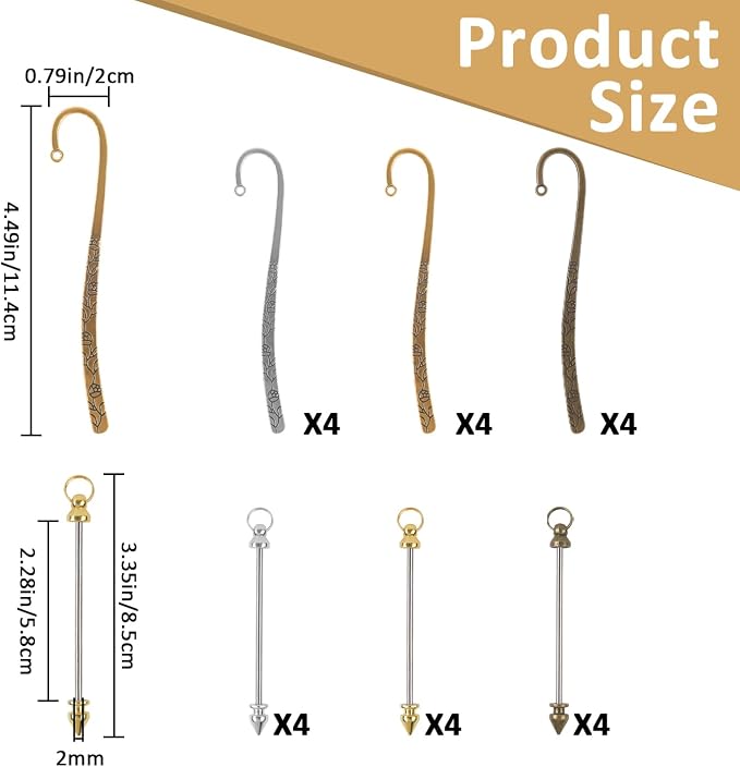24 Pcs Beadable Bookmarks Metal Hook Bookmark Hairpin Beadable Keychains Bars Beaded Keychain Making Kit for Book Lovers Office Supplies 3 Colors