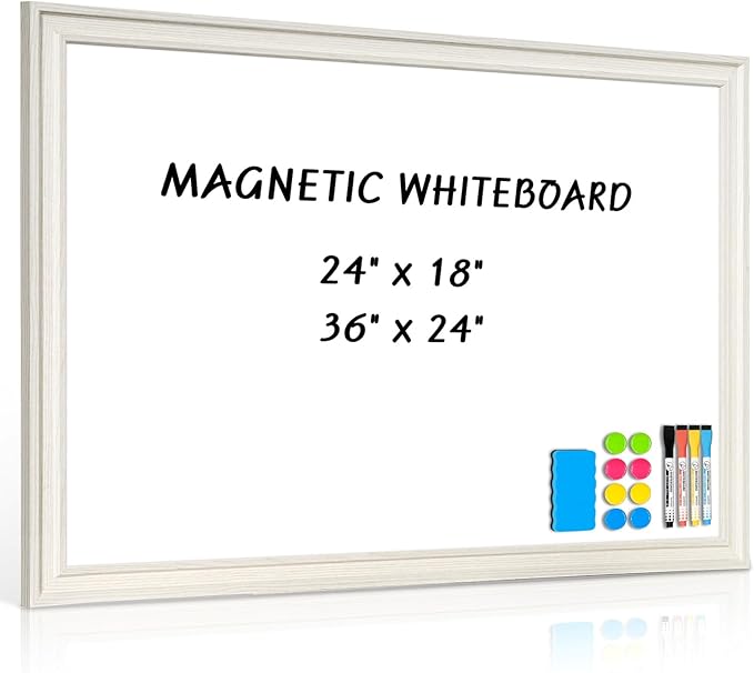 Large White Board for Wall, 36''x24'' Magnetic Dry Erase Board, Decorative Whiteboard with White Vintage Wooden Frame, Hanging Writing Board for Home Office School Dorm
