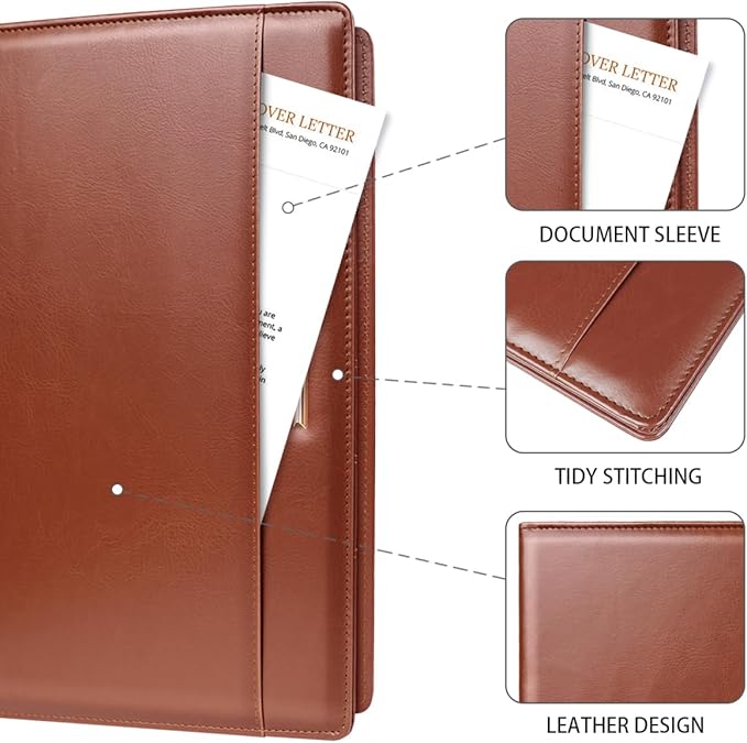 Padfolio/Resume Portfolio Folder for Women Men, WAVEYU Cute Chic Padfolio Cover Folder, Conference/Legal Document Organizer with Letter/A4 Size Clipboard, Document Sleeve, Brown