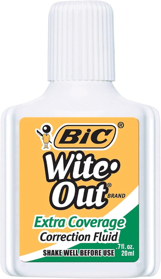 BIC WOFEC12WE Wite-Out Extra Coverage Correction Fluid, 20 ml Bottle, White, 1/Dozen