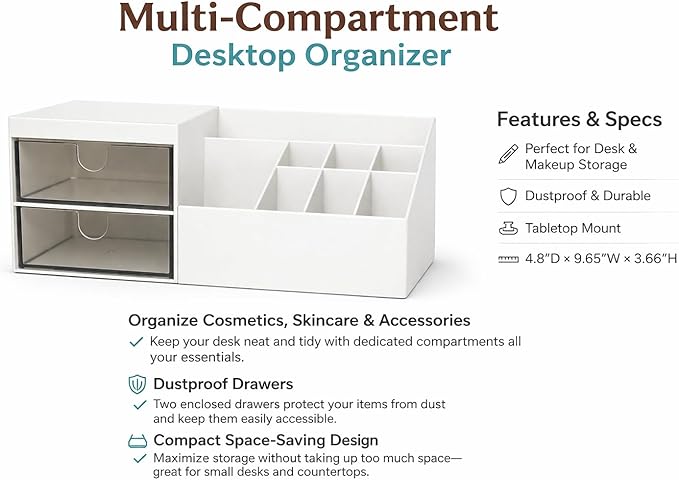 Desktop Drawer Storage Organizer – Multi-Purpose Plastic Makeup & Office Storage Box with Divided Drawers, Dust-Proof Vanity Organizer for Cosmetics, Jewelry & Stationery (White)