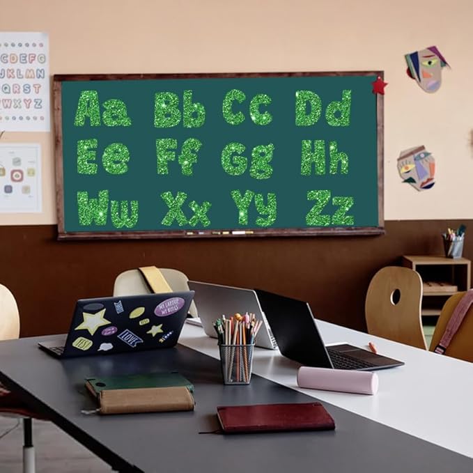 225Pcs Glitter Bulletin Board 4inch Letters with Adhesive Dots Punctuation Symbols Cutout for Classroom Numbers Alphabet School Display Decorating Supplies (Green)