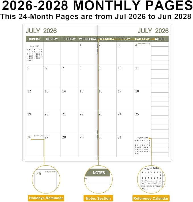 2026-2027 Pocket Calendar for Purse – Mini Monthly Planner from July 2026 to June 2028, 2 Year Monthly Calendar for Organizing & Planning, 3.5" x 6.5", Green Leaf - A