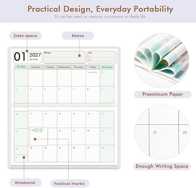Pocket Calendar 2027-2028 for Purse, Small Pocket Planner 2027-2028 for Purse 3.5×6.5In, 24 Month Organizer from Jan 2027- Dec 2028 Mini Planner with Pvc Cover for Organizing & Planning