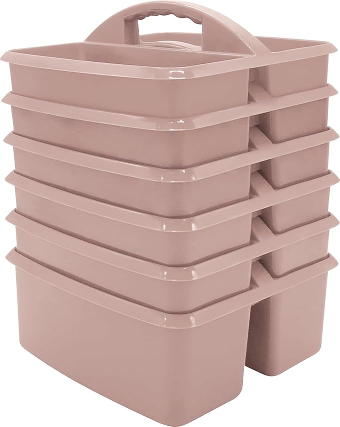 Teacher Created Resources Light Mauve Portable Plastic Storage Caddy 6-Pack for Classrooms, Kids Room, and Office Organization, 3 Compartments
