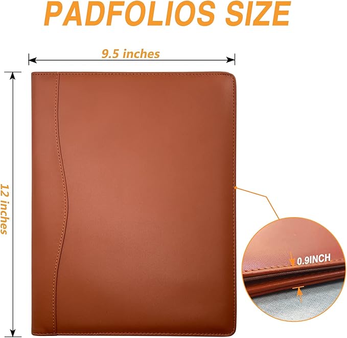 Leather Portfolio Folder Padfolio, Business Padfolio Organizer Document Planner Portfolio Binder Storage Pocket for Legal Pad Holder Paperwork Phone Men Women (Red Brown)