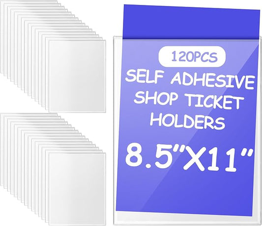 Outus 120 Pcs Self Adhesive Shop Ticket Holders Clear Plastic Sleeves Adhesive Pockets Work Order Job Ticket Holders for Back to School Student Label Home Office Posting Signs (8.5 x 11 Inch)