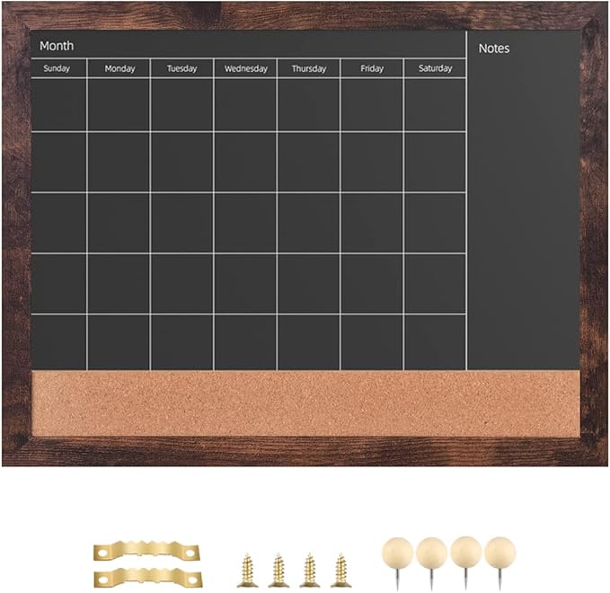 Magnetic Chalkboard Calendar Corkboard, 13" x 17" Small Combination Chalk Board Bulletin Board, Walnut Brown Framed Blackboard Calendar Cork Combo Board（BN-3343