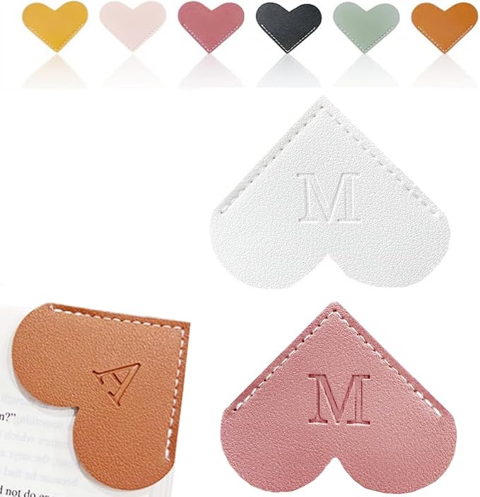 Personalized Leather Heart Bookmark, 26 Letters Customized Corner Book Mark for Reading Women, Book Marker with Initials，Cute Gifts (White+Deep Pink, M)