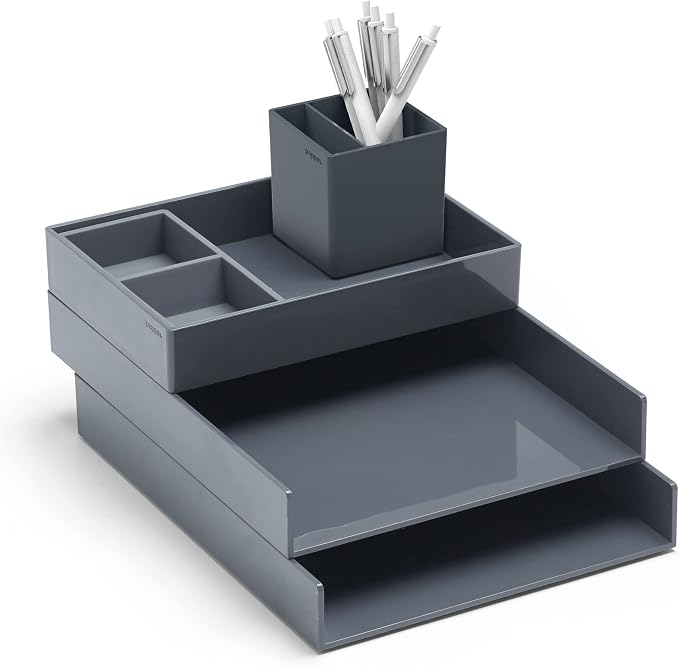 Poppin Super Stacked Desk Set - Dark Gray, Two Letter Trays, Accessory Tray, Silicone This + That Tray, Double-Compartment Pen Cup and 6 Signature Ballpoint Pens, Complete Office Organizer Set