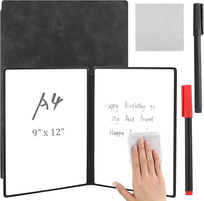 A4 Portable Whiteboard Notebook,12" x 9" Double Sided Dry Erase Board with Two Pens,Folding Reusable Writing Pad for Office Meetings,School,Planning,Travel,PU Cover(Black)